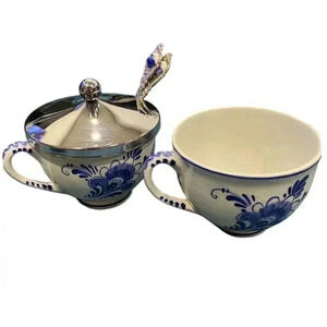 Vintage Delft Blue Sugar‎ Bowl & Tea Cup Set Dutch Windmill Pattern Porcelain